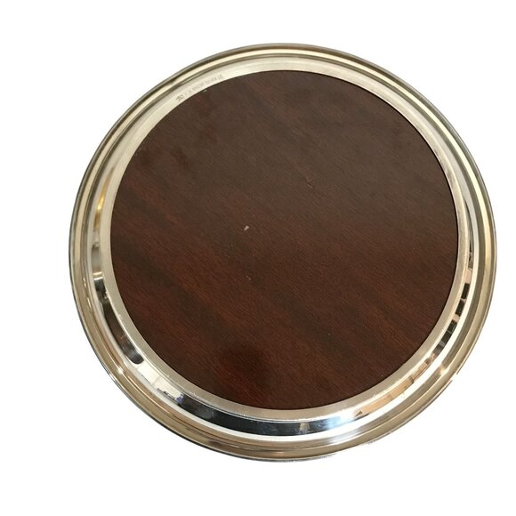 MCM Round Wooden Tray With Silver-Plated Rim By F.B. Rogers Silver Co. 9" - Picture 2 of 8